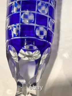 4 Bohemian Czech Cobalt Blue Cut to Clear Wine Stem Champagne Flute Glass 9.5