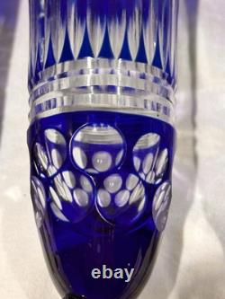 4 Bohemian Czech Cobalt Blue Cut to Clear Wine Stem Champagne Flute Glass 9.5