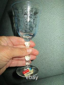 4 Claret Fostoria Navarre Blue Crystal Wine Glasses 6 Tall Etched 4 1/2 oz