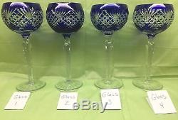 4 Cobalt Blue Cut to Clear Crystal Wine Hocks Glasses AJKA, Lausitzer, Nachtmann