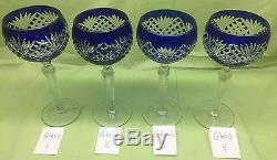 4 Cobalt Blue Cut to Clear Crystal Wine Hocks Glasses AJKA, Lausitzer, Nachtmann
