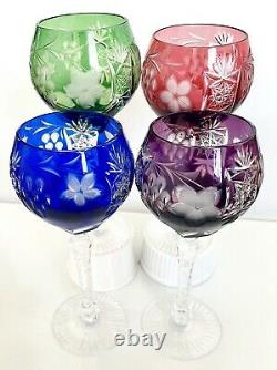 4 Color Bohemian Hock Cut Clear Crystal Wine Glass Goblets Red Green Blue Purple