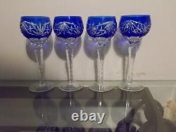 4 Crystal Bohemian Czech Cobalt Blue Cut to Clear Wine Glasses
