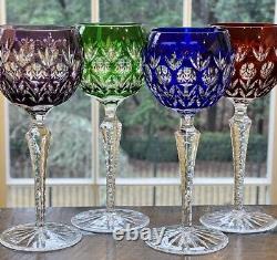 4 Dynasty by Godinger Cut to Clear Blue Green Red Amethyst Hock Wine Glasses EUC