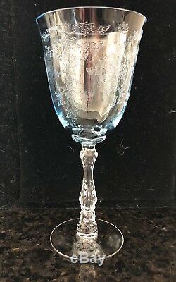 4 Fostoria Navarre Blue Crystal Water Tall Goblets Wine Glasses 7 5/8 Etched