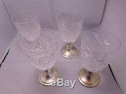 4 Hawkes Sterling Silver Diamond Cut Glass Crystal Water Wine Goblet Set