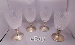 4 Hawkes Sterling Silver Diamond Cut Glass Crystal Water Wine Goblet Set