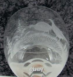 4- Moser Rowland Ward No. 1 Wild Bird Series Etched Crystal Glass Wine Stems