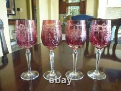 4 NEW VARGA CRYSTAL multi design, RASPBERRY color wine glasses, signed