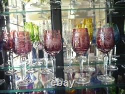 4 NEW VARGA CRYSTAL multi design, RASPBERRY color wine glasses, signed