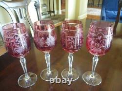 4 NEW VARGA CRYSTAL multi design, RASPBERRY color wine glasses, signed