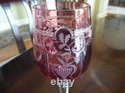 4 NEW VARGA CRYSTAL multi design, RASPBERRY color wine glasses, signed