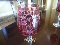 4 NEW VARGA CRYSTAL multi design, RASPBERRY color wine glasses, signed