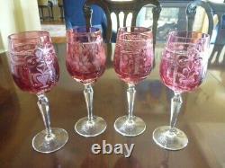 4 NEW VARGA CRYSTAL multi design, RASPBERRY color wine glasses, signed