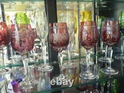 4 NEW VARGA CRYSTAL multi design, RASPBERRY color wine glasses, signed