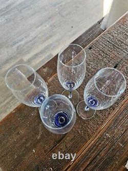 4 Orrefors Intermezzo Blue Teardrop Crystal Champagne Flutes Wine Glasses