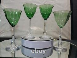 (4) Quality Crystal Wine glasses 6-3/4, Green clear cut stem optic antique