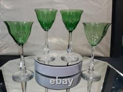 (4) Quality Crystal Wine glasses 6-3/4, Green clear cut stem optic antique