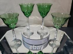 (4) Quality Crystal Wine glasses 6-3/4, Green clear cut stem optic antique