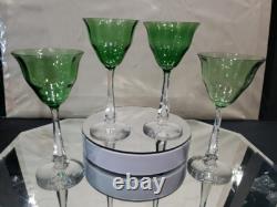 (4) Quality Crystal Wine glasses 6-3/4, Green clear cut stem optic antique