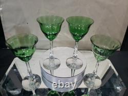 (4) Quality Crystal Wine glasses 6-3/4, Green clear cut stem optic antique