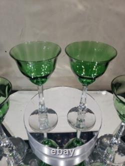 (4) Quality Crystal Wine glasses 6-3/4, Green clear cut stem optic antique