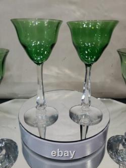 (4) Quality Crystal Wine glasses 6-3/4, Green clear cut stem optic antique