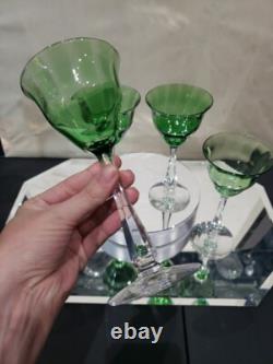 (4) Quality Crystal Wine glasses 6-3/4, Green clear cut stem optic antique