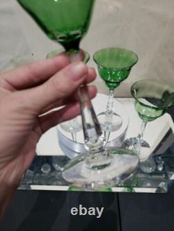 (4) Quality Crystal Wine glasses 6-3/4, Green clear cut stem optic antique
