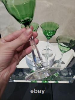 (4) Quality Crystal Wine glasses 6-3/4, Green clear cut stem optic antique