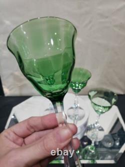 (4) Quality Crystal Wine glasses 6-3/4, Green clear cut stem optic antique