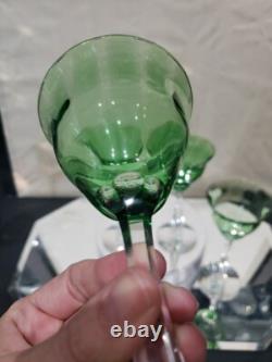 (4) Quality Crystal Wine glasses 6-3/4, Green clear cut stem optic antique