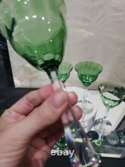 (4) Quality Crystal Wine glasses 6-3/4, Green clear cut stem optic antique