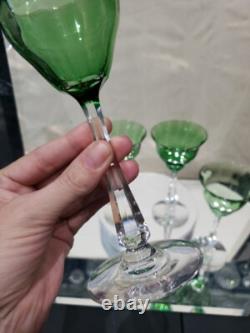 (4) Quality Crystal Wine glasses 6-3/4, Green clear cut stem optic antique