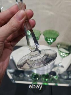 (4) Quality Crystal Wine glasses 6-3/4, Green clear cut stem optic antique