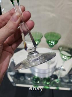 (4) Quality Crystal Wine glasses 6-3/4, Green clear cut stem optic antique