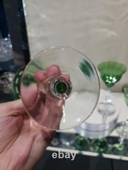 (4) Quality Crystal Wine glasses 6-3/4, Green clear cut stem optic antique