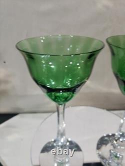 (4) Quality Crystal Wine glasses 6-3/4, Green clear cut stem optic antique
