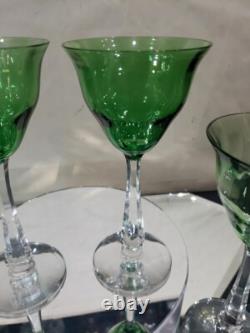 (4) Quality Crystal Wine glasses 6-3/4, Green clear cut stem optic antique