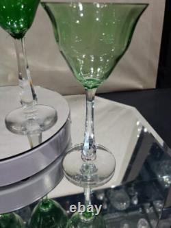 (4) Quality Crystal Wine glasses 6-3/4, Green clear cut stem optic antique