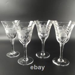 4 Royal Brierly FUCHSIA Crystal Claret Wine Glasses 7 Etched Florals Cut Leaves