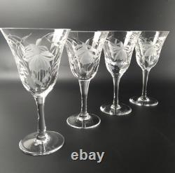 4 Royal Brierly FUCHSIA Crystal Claret Wine Glasses 7 Etched Florals Cut Leaves