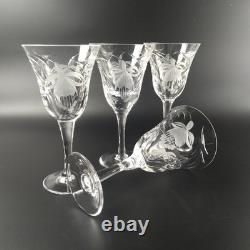 4 Royal Brierly FUCHSIA Crystal Claret Wine Glasses 7 Etched Florals Cut Leaves