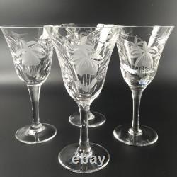 4 Royal Brierly FUCHSIA Crystal Wine Glasses Etched Florals & Cut Leaves 7 Tall