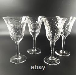 4 Royal Brierly FUCHSIA Crystal Wine Glasses Etched Florals & Cut Leaves 7 Tall