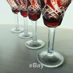 4 Ruby Red Cut To Clear Bell Shaped Leaded Crystal Wine Water Goblets 5 7/8