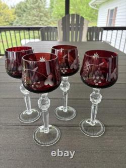 4 Ruby Red Cut To Clear Crystal Hortensia Wine Hock Glasses Poland 8.5 H