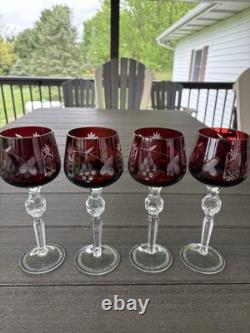 4 Ruby Red Cut To Clear Crystal Hortensia Wine Hock Glasses Poland 8.5 H