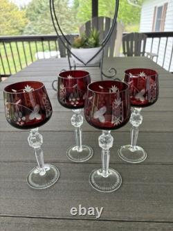 4 Ruby Red Cut To Clear Crystal Hortensia Wine Hock Glasses Poland 8.5 H