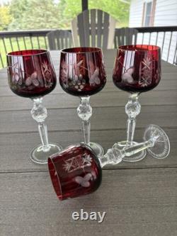 4 Ruby Red Cut To Clear Crystal Hortensia Wine Hock Glasses Poland 8.5 H